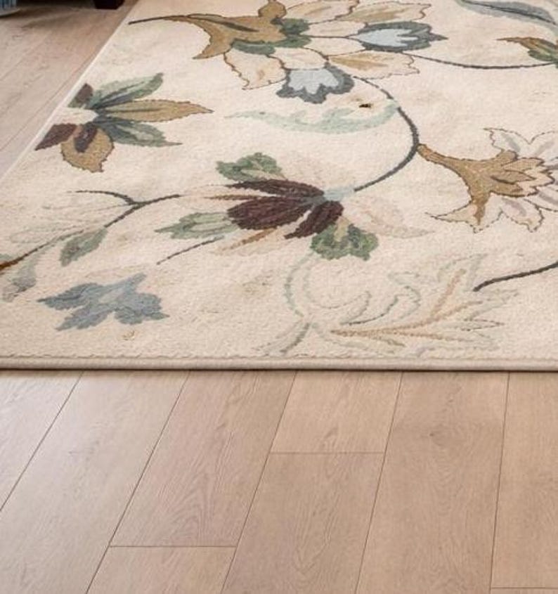 Hand Tufted Floral Wool Rug, Beige Botanical Area Rug, Handmade Carpet ...