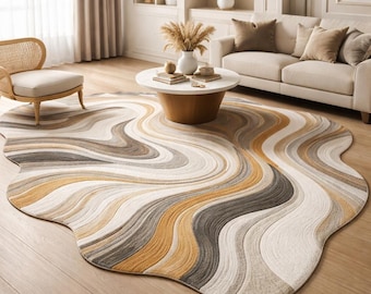 Modern Abstract Hand Tufted Rug, Organic Shape Carpet, Neutral Beige Brown Wave Design Rug, Living Room Boho Contemporary Floor Rug