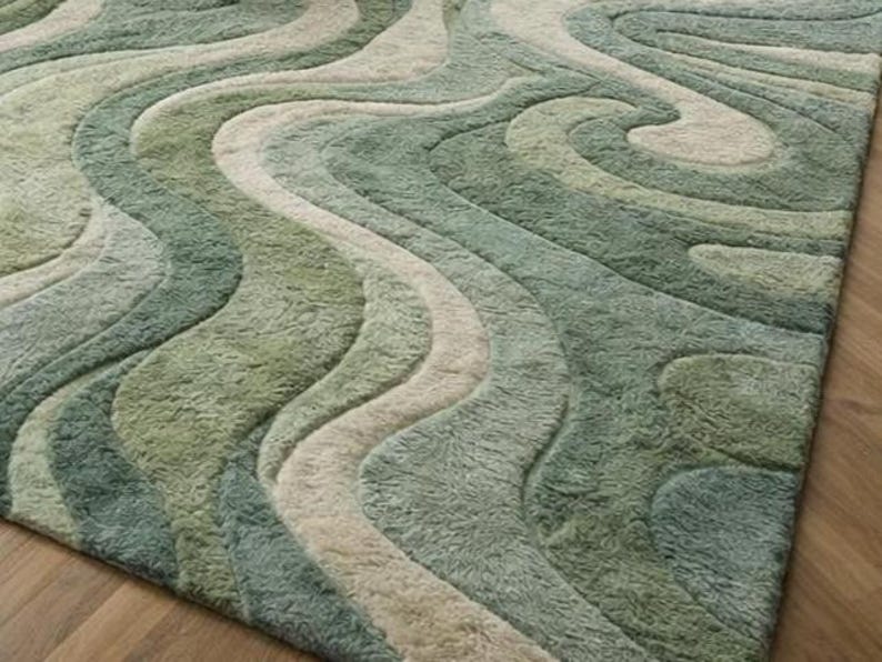 Hand Tufted Green & Blue Handmade Wool Carpet | Beautiful Wavy Design ...