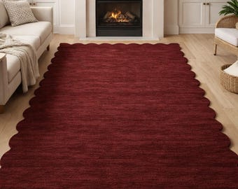 Burgundy Red Hand Tufted Rug, Scalloped Edge Solid Color Carpet, Modern Minimal Area Rug, Cozy Living Room Bedroom Decor Rug