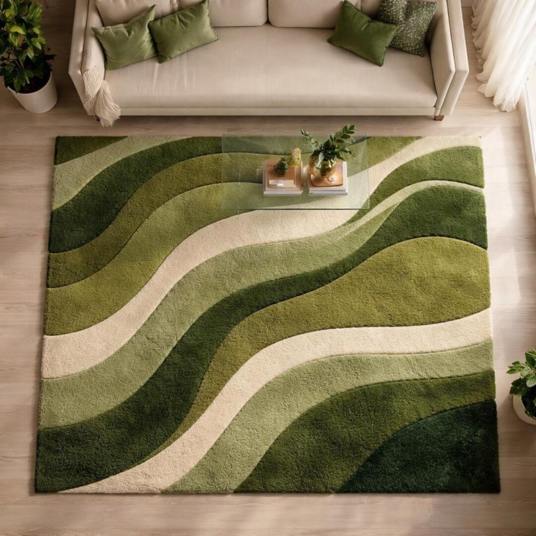 Hand Tufted Green Abstract Wave Wool Rug, Modern Organic Pattern Area ...