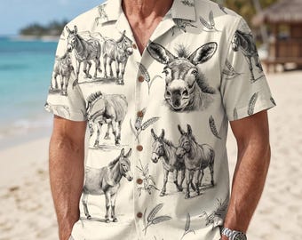 Donkey Hawaiian Shirt – Vintage Pencil Sketch Donkey Wheat Pattern Aloha Button Down, Western Vacation Gift for Donkey Lovers Men