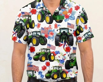 Patriotic Tractor Hawaiian Shirt, Farm Aloha Button Down, American Flag Tropical Gift for Farmers, 4th of July, tractor shirt