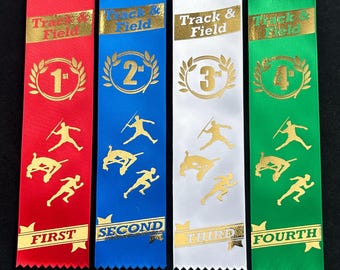 Track and Field Ribbons – Gold Foil 1st-4th Place Awards (2'x8") 10 sets of 1st through 4th (40 ribbons)