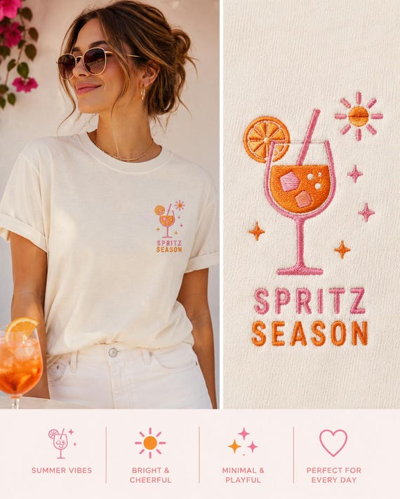 Spritz Embroidered T-Shirt, Summer Cocktail Shirt, Pink Orange Drink Tee, Minimalist Embroidery, Vacation Outfit, Gift for Her