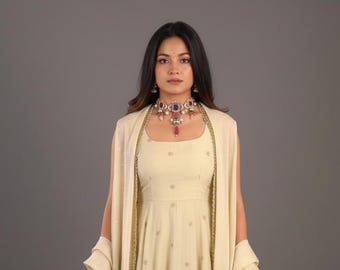 Cosmos Gold Embroidered Anarkali Kurti & Pant Dupatta Set with Elegant Jerkin Work