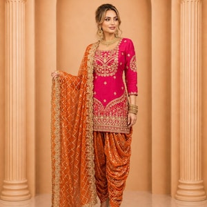 Traditional Indian Ethnic Wear Pink Kurta & Vibrant Orange Dhoti Set with Sequence Work