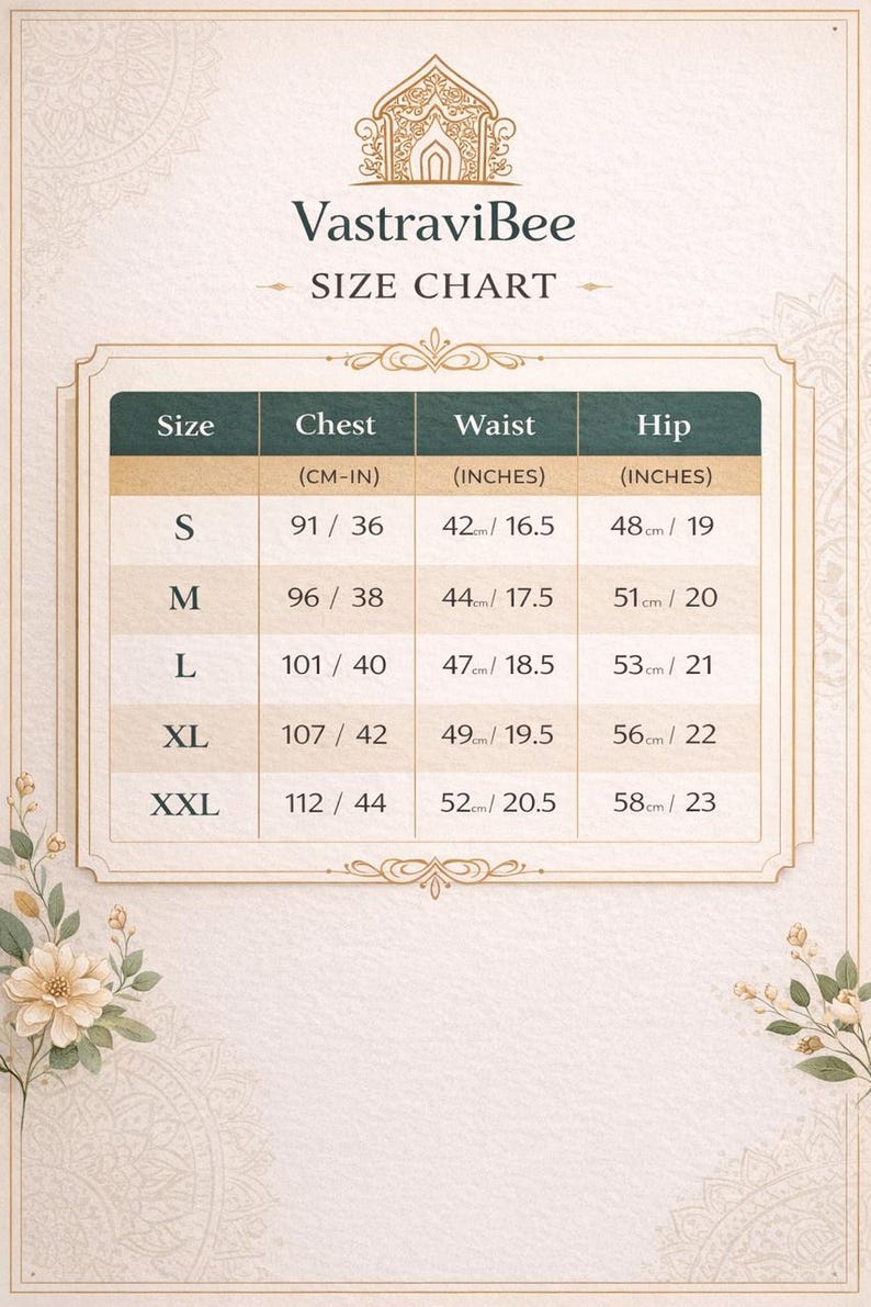May include: A VastraviBee size chart featuring a table with columns for Size, Chest, Waist, and Hip measurements in inches and centimeters. The chart lists sizes from S to XXL with corresponding numerical values for each body measurement category.