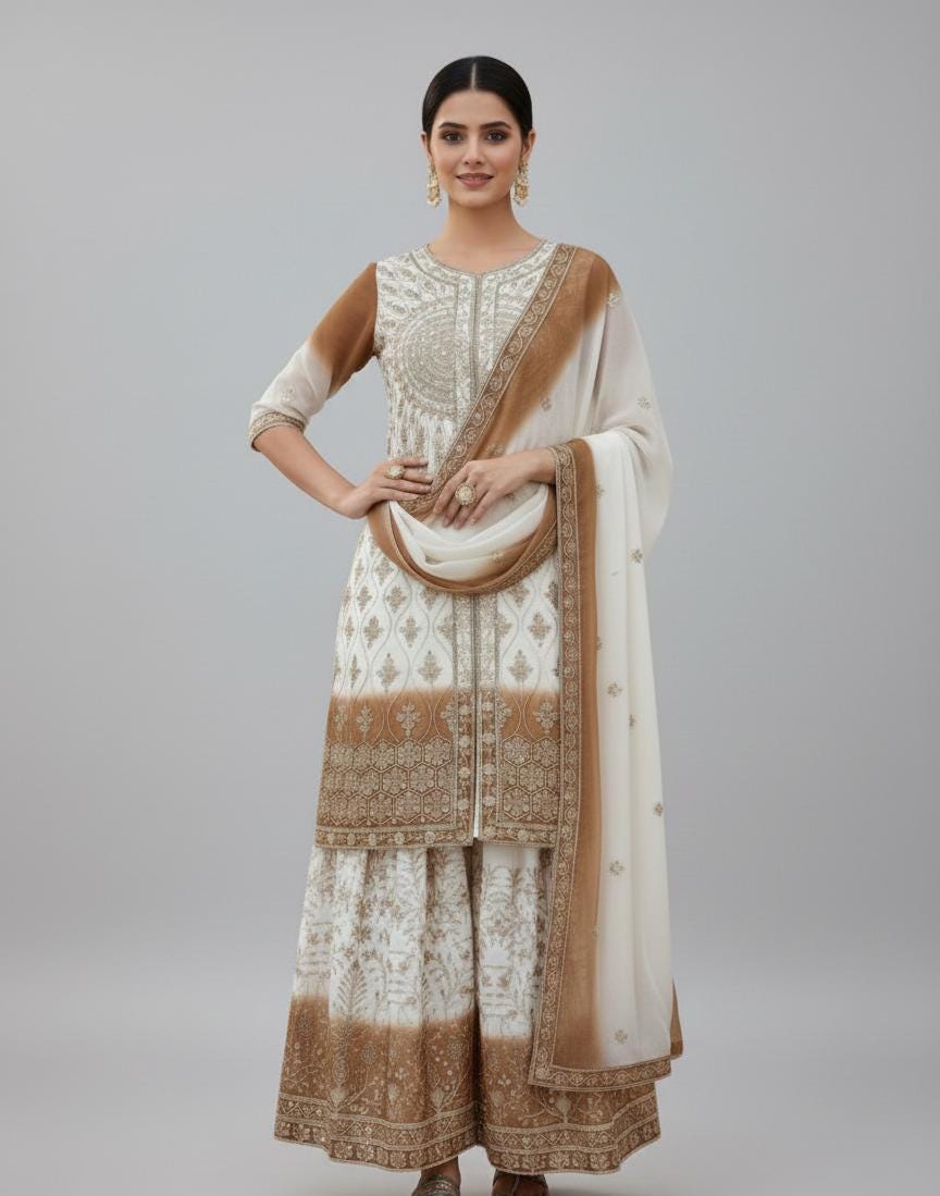 Completo Kurta Palazzo Da Donna Verde Oliva Con Dupatta Ricamata – Taglia XL - 4