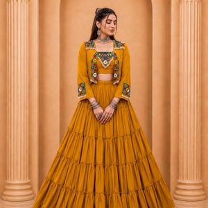 Rayon Navratri Lehenga Choli with Mirror-Trim Gamthi Jacket & Cowries