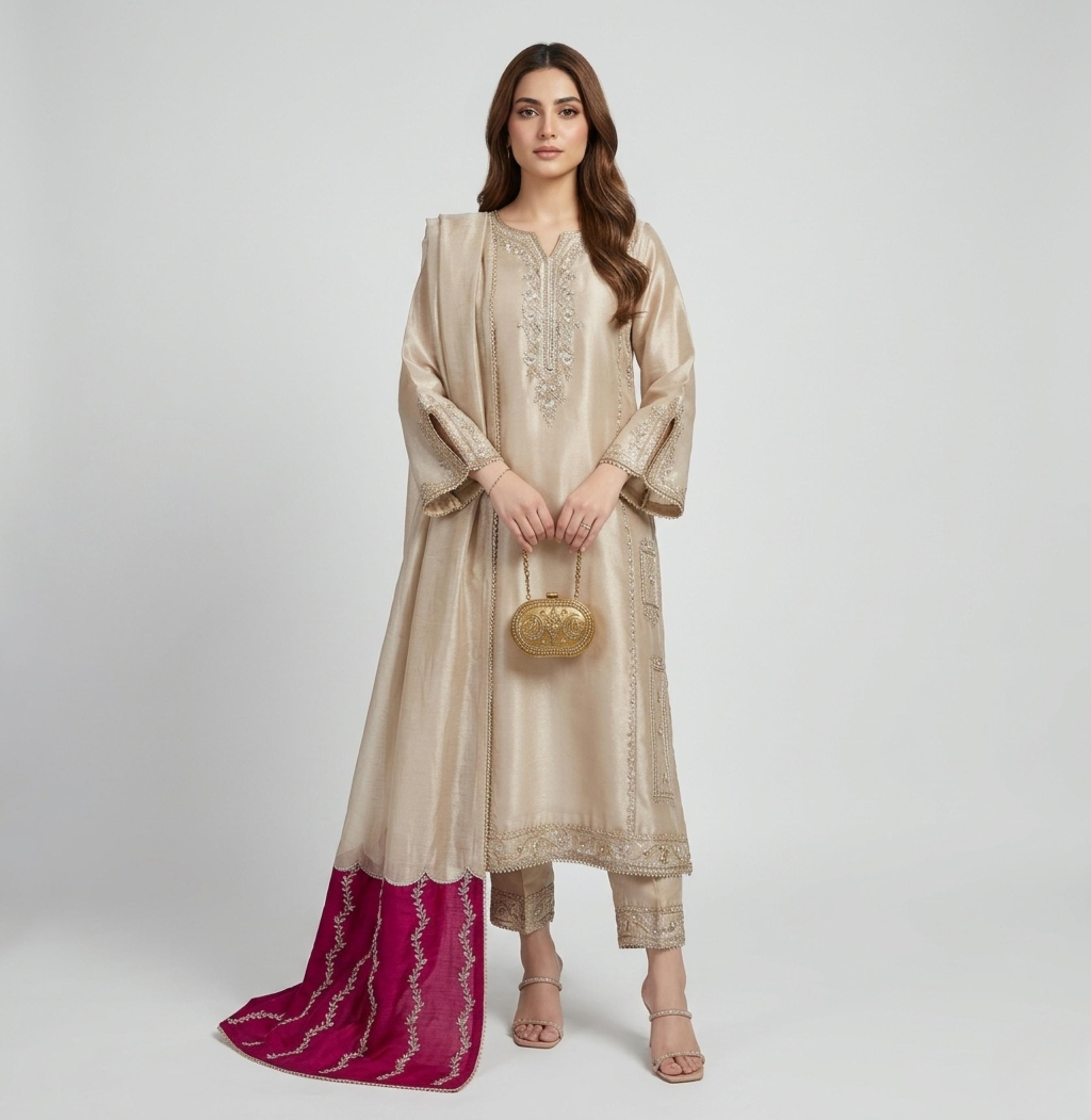 golden silk dress pakistani QIRA – Mustard Shisha Silk Pakistani Dress with Crystal Embroidery Shirt & Pants / XS / Sleeves Lining