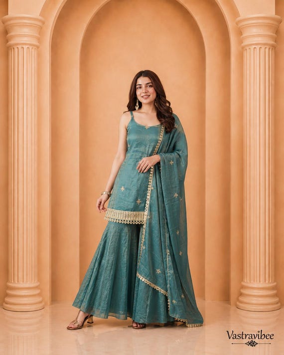 Pure Silk Sharara With Sleeveless Kurti Set Ensemble with Real Mirror & Sequence Work
