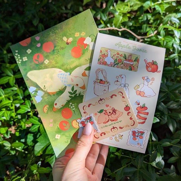 Apple Goose bundle | art print | cute sticker sheet | stationery