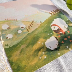 Sheep Field art print | 6x6 art print | matte finish | textured cotton paper | cute decor image 2