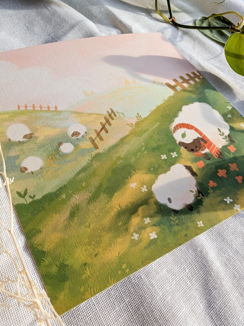 Sheep Field art print | 6x6 art print | matte finish | textured cotton paper | cute decor image 2