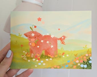 Field Cow | 5x7 Art Print | cute home decor | farm cottage decor | whimsy animal
