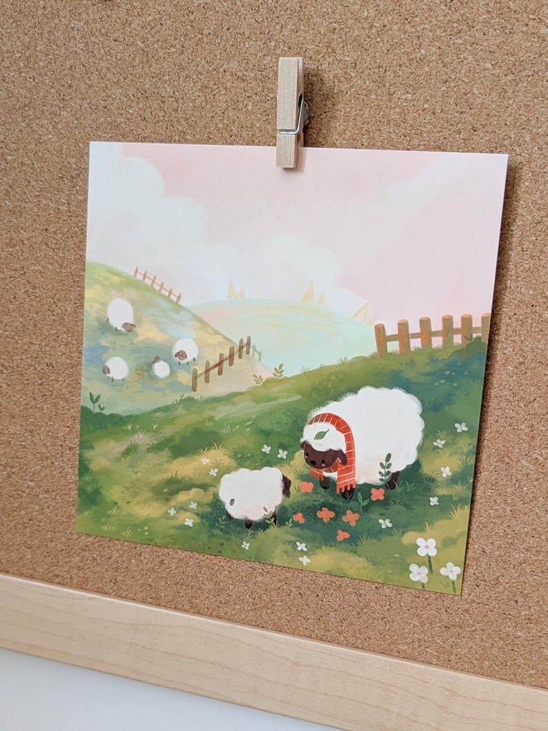 Sheep Field art print | 6x6 art print | matte finish | textured cotton paper | cute decor image 3