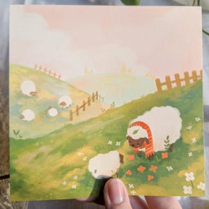 Sheep Field art print | 6x6 art print | matte finish | textured cotton paper | cute decor image 1