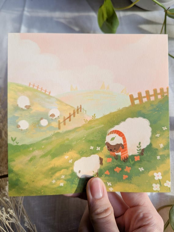 Sheep Field art print | 6x6 art print | matte finish | textured cotton paper | cute decor