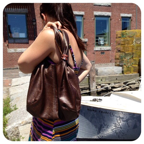 Handcrafted, brown leather hobo