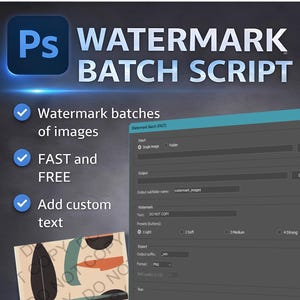 Könnte beinhalten: Eine digitale Oberfläche für ein Photoshop-Wasserzeichen-Batch-Skript. Die Oberfläche enthält Optionen für Eingabe, Ausgabe, Wasserzeichentext und voreingestellte Stärke. Das Bild zeigt auch ein Beispielbild mit einem Wasserzeichen.