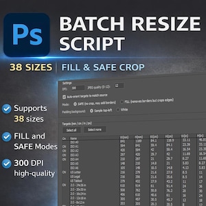 Könnte beinhalten: Eine digitale Photoshop-Oberfläche mit einem Stapelverarbeitungsskript zum Ändern der Bildgröße. Bietet 38 Größen, Füll- und sichere Zuschneidemodi und 300 DPI hohe Qualität. Abmessungen in cm und mm.