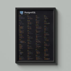 PostgreSQL Cheat Sheet Poster, SQL Developer Wall Art, Database Reference Print, Dark Tech Decor