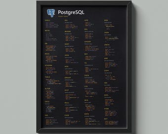 PostgreSQL Cheat Sheet Poster, SQL Developer Wall Art, Database Reference Print, Dark Tech Decor