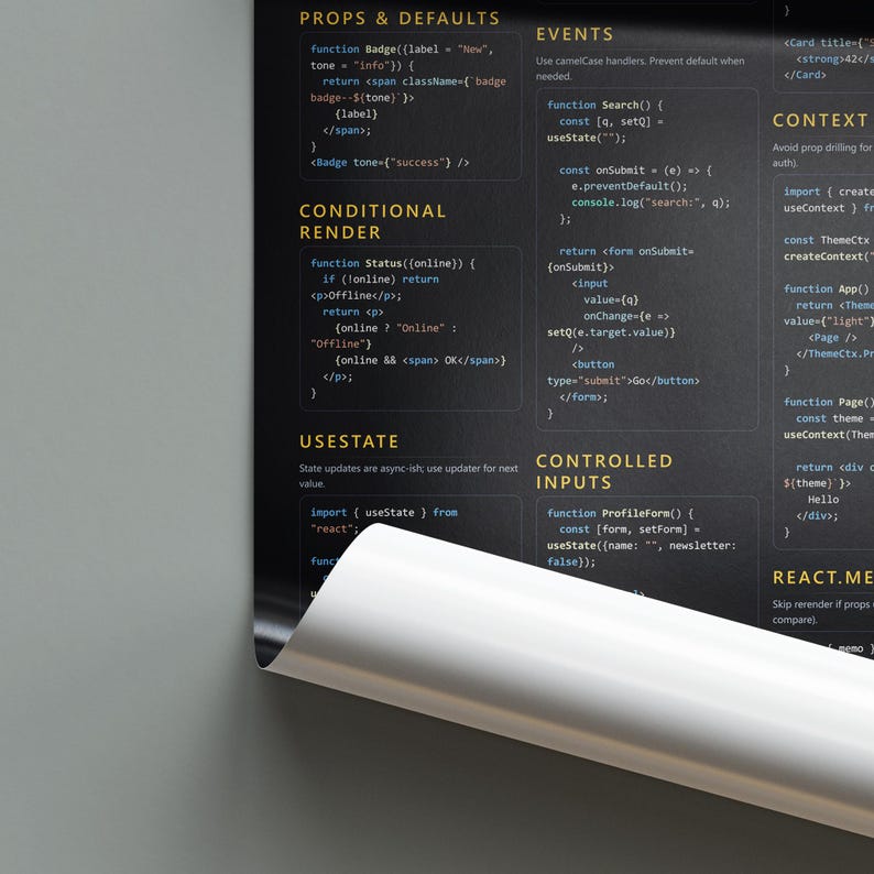 Póster de hoja de trucos de React / Referencia para desarrolladores frontend (descarga digital) imagen 2