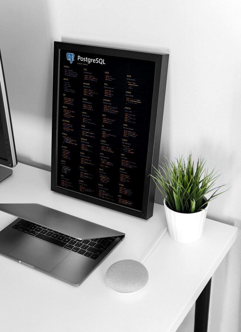 Plakat z ściągawką PostgreSQL, grafika ścienna dla programistów SQL, wydruk referencyjny bazy danych, wystrój w stylu dark tech zdjęcie 6