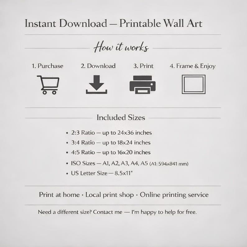 Pode incluir: Gr&aacute;fico de download instant&acirc;neo de arte de parede imprim&iacute;vel com instru&ccedil;&otilde;es: comprar, baixar, imprimir e emoldurar. Inclui propor&ccedil;&otilde;es de tamanho de at&eacute; 61x91 cm, tamanhos ISO e tamanho carta dos EUA. Contacte para tamanhos personalizados.