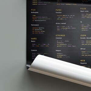 K&ouml;nnte beinhalten: Ein schwarz-wei&szlig;es Poster mit Programmiercode-Ausschnitten. Zu den Abschnitten geh&ouml;ren 'FILE', 'FUNC', 'FILES', 'VARS', 'STRINGS' und 'JSON'. Der Text ist in einer serifenlosen Schriftart, mit dunklem Hintergrund und wei&szlig;em Text. Das Poster ist leicht gew&ouml;lbt.