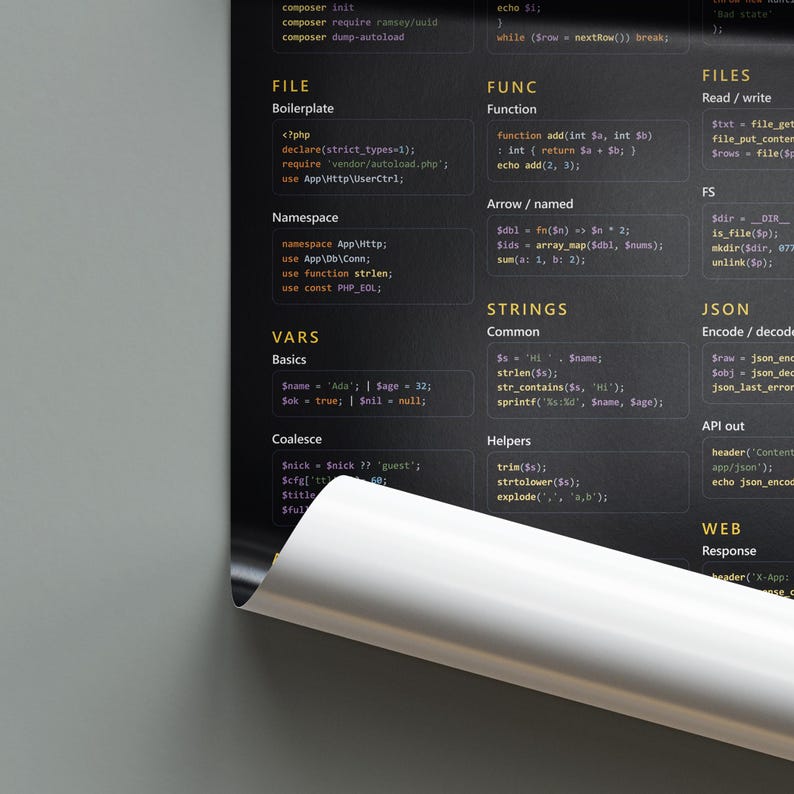 K&ouml;nnte beinhalten: Ein schwarz-wei&szlig;es Poster mit Programmiercode-Ausschnitten. Zu den Abschnitten geh&ouml;ren 'FILE', 'FUNC', 'FILES', 'VARS', 'STRINGS' und 'JSON'. Der Text ist in einer serifenlosen Schriftart, mit dunklem Hintergrund und wei&szlig;em Text. Das Poster ist leicht gew&ouml;lbt.