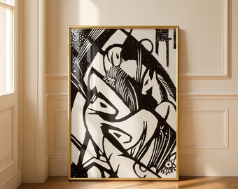 May include: A rectangular wall art print featuring a high-contrast black and white abstract graphic design with bold, sweeping lines and geometric shapes, encased in a thin, metallic gold frame that highlights the intricate, ink-like patterns.