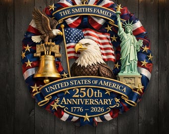 250th Years Wood Door Wreath Personalized Family Name Patriotic Wreath USA 250th Anniversary Front Door Independence Day, 2D PRINTED PRODUCT