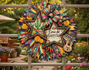 Mexican Fiesta Star Wreath, Cinco de Mayo Door Decor, Casa Decor Outdoor, Patriotic Door Sign, 2D PRINTED PRODUCT