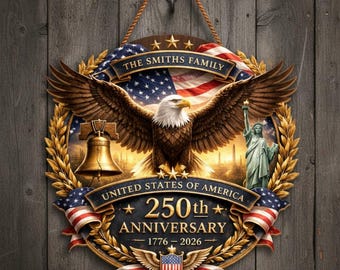 Custom Family Name Wood Door Wreath Patriotic Eagle Wreath USA 250th Anniversary 1776-2026 Front Door Independence Day, 2D PRINTED PRODUCT