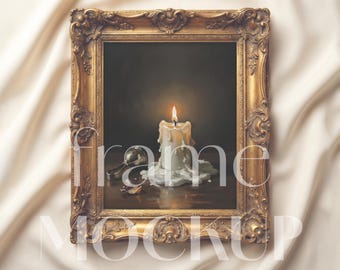 Antique Gold Frame Mockup 4:5 PSD JPG, Baroque Ornate Picture Frame, Linen Backdrop
