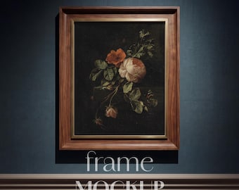 Museum Wall Frame Mockup 4:5 | Wood and Gold Frame | Dark Academia Decor | PSD JPG