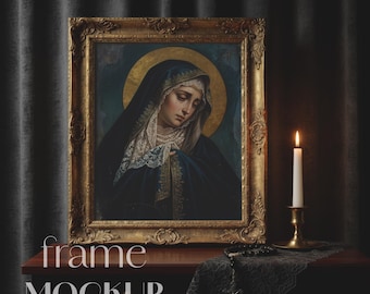 Stämningsfull mockup för religiös konstram | Mörk sammetsridå PSD | Rosenkransaltare | 4x5-förhållande