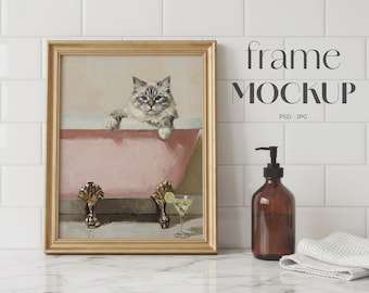 4:5 Bathroom Vintage Frame Mockup | Subway Tile Vanity PSD | Marble Counter | Gold Frame JPG