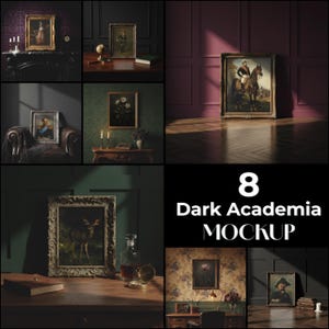 Könnte beinhalten: Eine Sammlung von acht Mockups im Dark Academia-Stil. Die Bilder zeigen gerahmte Gemälde, antike Möbel und dekorative Gegenstände in verschiedenen Umgebungen. Die Farbpalette umfasst dunkle Grüntöne, Schwarz und satte Brauntöne, wodurch eine Vintage-Ästhetik entsteht.