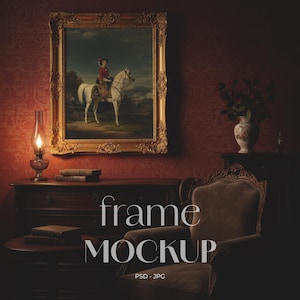 May include: A framed painting of a person on a white horse, displayed in a room with a vintage aesthetic. The gold frame is ornate, and the room features a dark wooden dresser, a lit lamp, and an armchair. The text "frame MOCKUP" is visible.