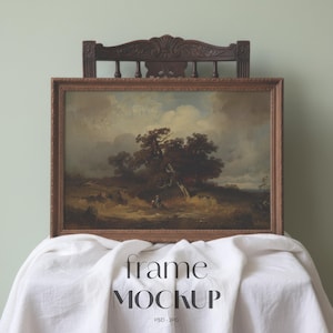 Horizontal Frame Mockup on Chair 2:3 | Vintage Wood PSD | Landscape Art Display | Antique Decor
