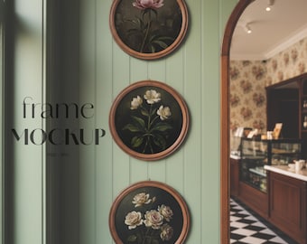 Mockup med 3 runda ramar | Cirkelformad träram PSD | Väggkonstdisplay för café | Vintagegalleri