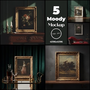 May include: A moody mockup featuring five framed vintage paintings. The paintings depict floral arrangements, portraits, and landscapes. The frames are ornate and gold-colored, set against dark backgrounds. The image includes the text "5 Moody Mockup".