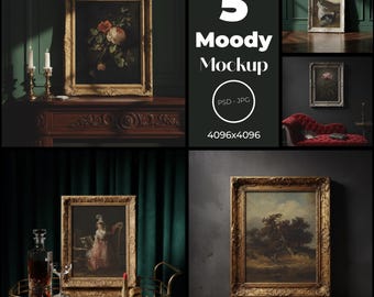 Stämningsfull rammockup-paket | Dark Academia-inredning PSD | Utsmyckad ram med maximalistisk väggdekoration