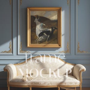 May include: A framed painting of a woman and a dog in a field hangs above a cream-colored sofa. The painting has a gold frame and is set against a blue wall with gold trim. The sofa has a floral pattern and gold trim. The image includes the text "frame MOCKUP" and "PSD - JPG".