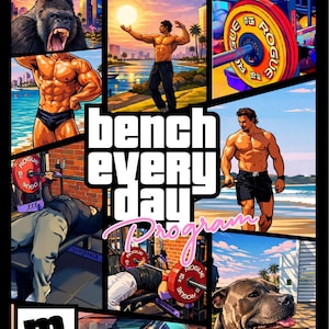 Könnte beinhalten: Ein Collage-Grafik mit dem Text "bench every day Program". Das Bild zeigt Illustrationen von muskulösen Männern, Gewichtheberausrüstung, einem Gorilla, einem Hund und einem Auto. Das Logo "massive bench" ist sichtbar.