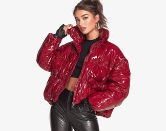 Women’s Shiny Red Puffer Jacket | Oversized Bubble Coat | Glossy Quilted Winter Outerwear | Trendy Streetwear Jacket